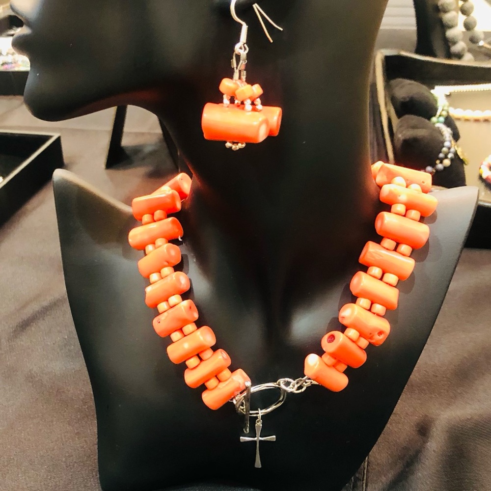 Orange Coral Necklace and earrings sterling silver